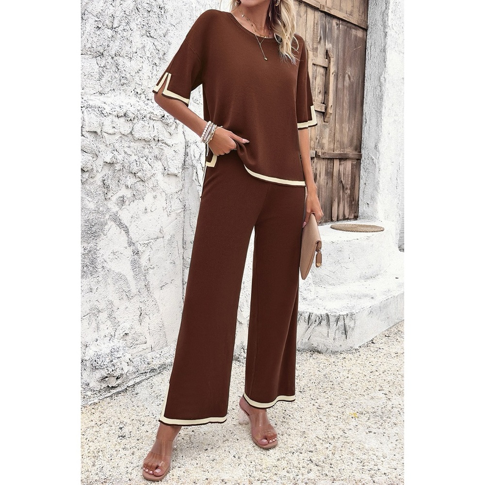 Two Pieces Outfits Knit Short Sleeve Wide Leg Lounge Sets - Picture 11 of 13